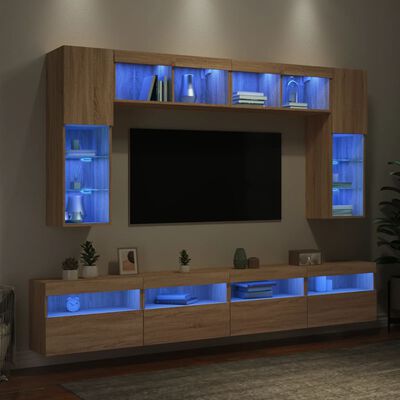 vidaXL 8-delige Tv-wandmeubelset met LED-verlichting sonoma eikenkleur