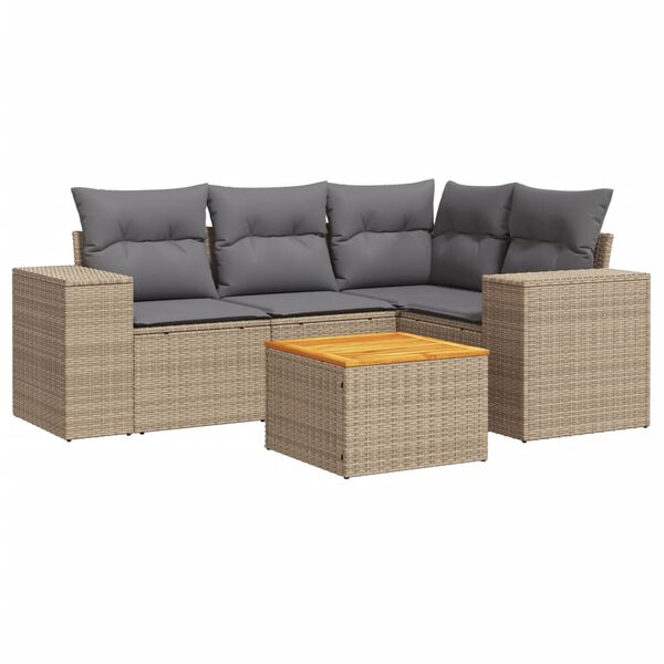 vidaXL 5-delige Loungeset met kussens poly rattan beige