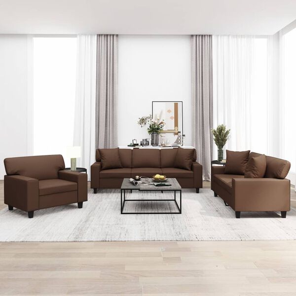 vidaXL 3-delige Loungeset met sierkussens en kussens kunstleer bruin