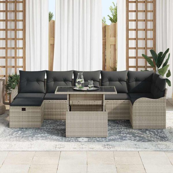 vidaXL Tuin Sofa Set met kussen met opslag 8 pcs Lichtgrijs Poly riet