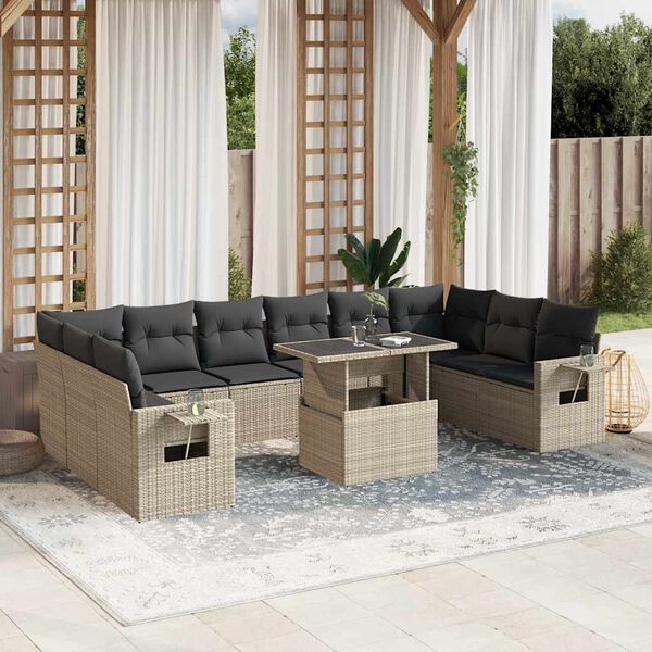 vidaXL 11-delige Loungeset met kussens poly rattan lichtgrijs