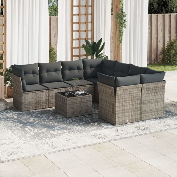 vidaXL 9-delige Loungeset met kussens poly rattan grijs