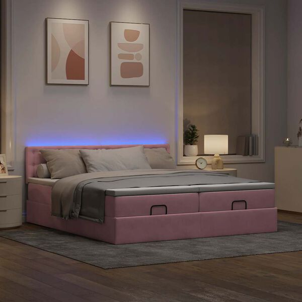 vidaXL Ottoman bed met matrassen en LED's 200x200cm fluweel roze