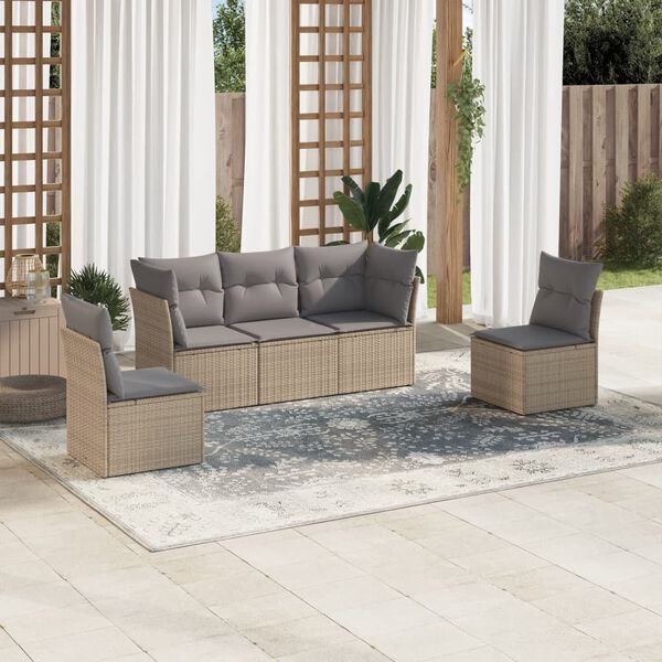 vidaXL 5-delige Loungeset met kussens poly rattan beige