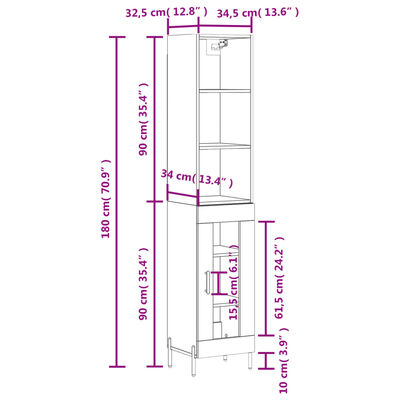 vidaXL Hoge kast 34,5x34x180 cm bewerkt hout hoogglans wit