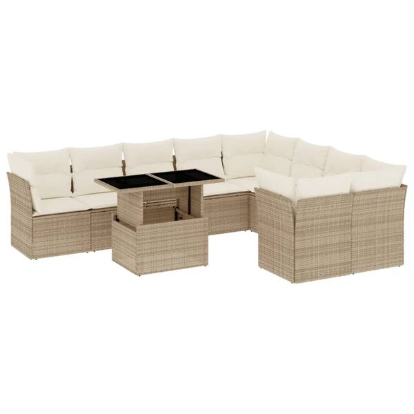 vidaXL 10-delige Loungeset met kussens poly rattan beige