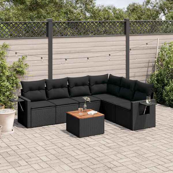 vidaXL 7-delige Loungeset met kussens poly rattan zwart