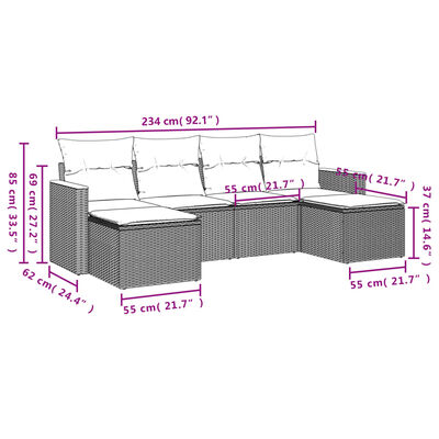 vidaXL 6-delige Loungeset met kussens poly rattan grijs