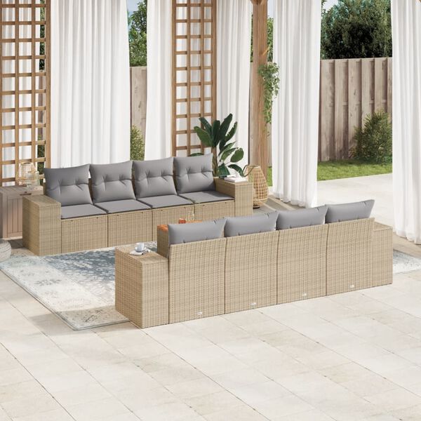 vidaXL 9-delige Loungeset met kussens poly rattan beige