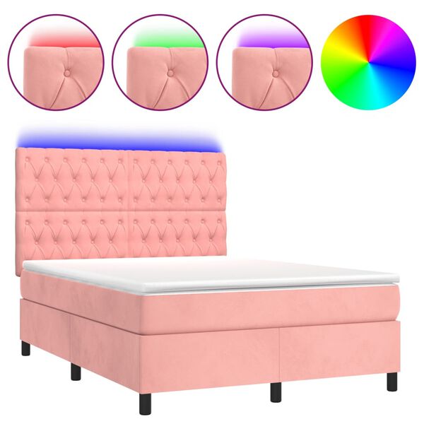 vidaXL Boxspring met matras en LED fluweel roze 140x190 cm