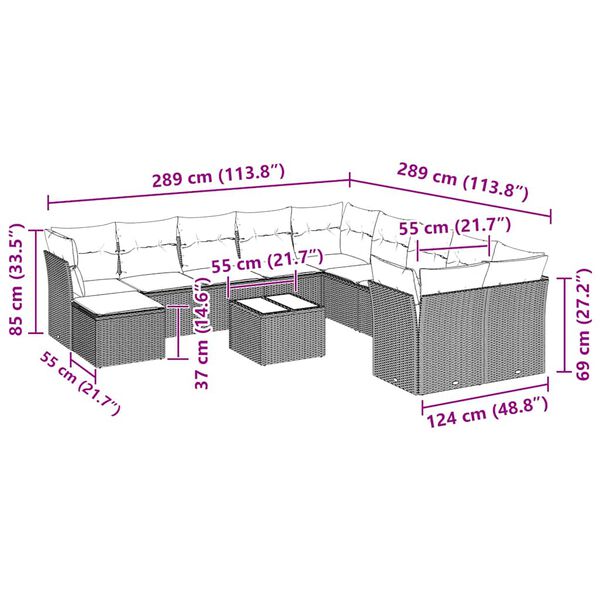 vidaXL 12-delige Loungeset met kussens poly rattan lichtgrijs
