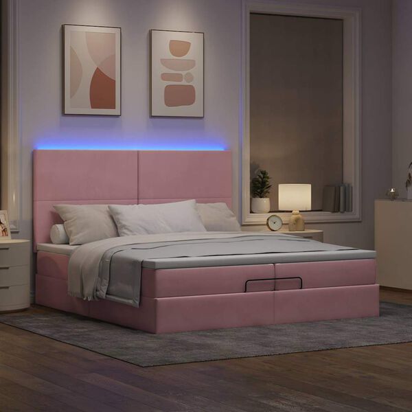 vidaXL Ottoman bed met matrassen en LED's 200x200cm fluweel roze