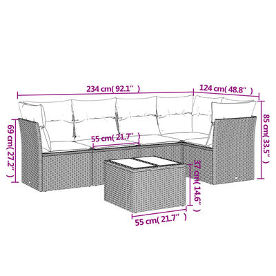 vidaXL 6-delige Loungeset met kussens poly rattan beige