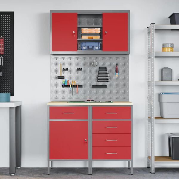 vidaXL Werkkast set 5 pcs Rood Poedergecoat staal en gefabriceerd hout
