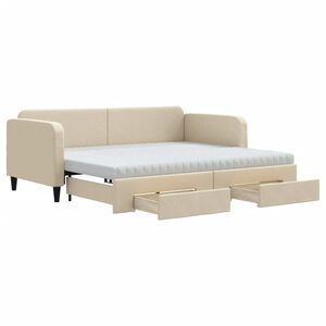 vidaXL Slaapbank met onderschuifbed en lades 90x200 cm stof cr&egrave;mekleur