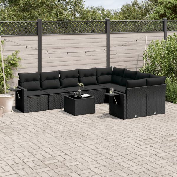 vidaXL 10-delige Loungeset met kussens poly rattan zwart