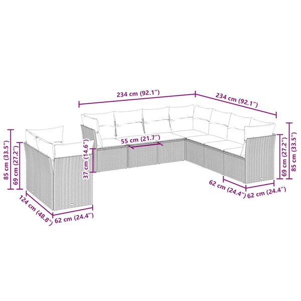 vidaXL 9-delige Loungeset met kussens poly rattan lichtgrijs