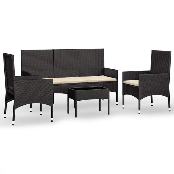 vidaXL 4-delige Loungeset met kussens poly rattan zwart
