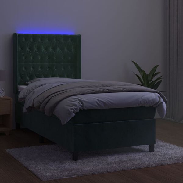 vidaXL Boxspring met matras en LED fluweel donkergroen 90x190 cm