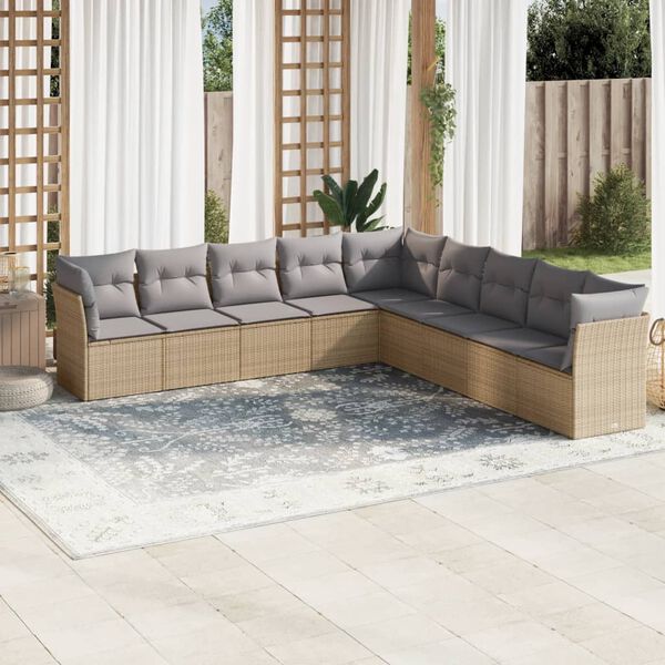 vidaXL 9-delige Loungeset met kussens poly rattan beige