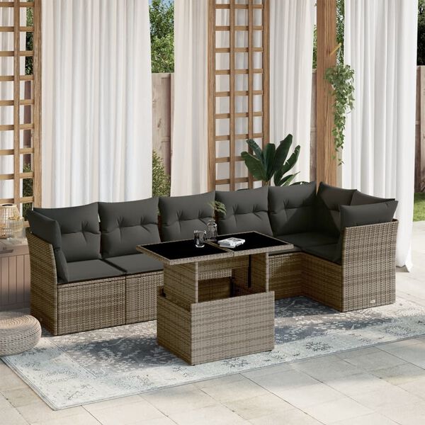 vidaXL 7-delige Loungeset met kussens poly rattan grijs