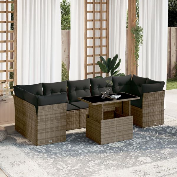 vidaXL 8-delige Loungeset met kussens poly rattan grijs