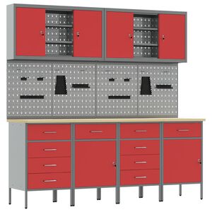 vidaXL Werk kast met lade met slot 10 st Rood Engineered hout en staal