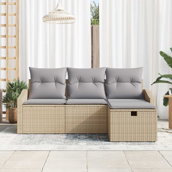 vidaXL Bankstel met kussen met opslag 4 pcs Beige poly rattan