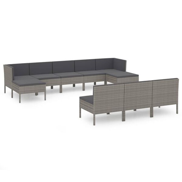 vidaXL 10-delige Loungeset met kussens poly rattan grijs