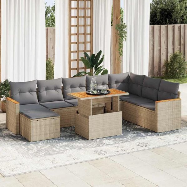 vidaXL 9-delige Loungeset met kussens poly rattan acacia beige