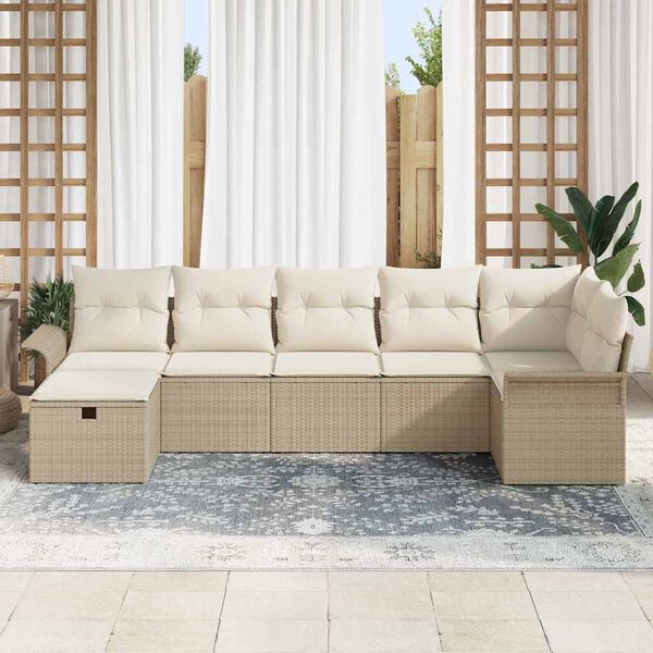 vidaXL Tuin Sofa Set met kussen 7 pcs Beige en Cr&egrave;me poly rattan