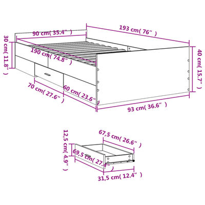 vidaXL Bedframe met lades bewerkt hout grijs sonoma eiken 90x190 cm