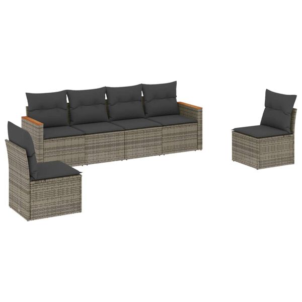 vidaXL 6-delige Loungeset met kussens poly rattan grijs