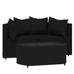 vidaXL 3-delige Loungeset met kussens poly rattan zwart