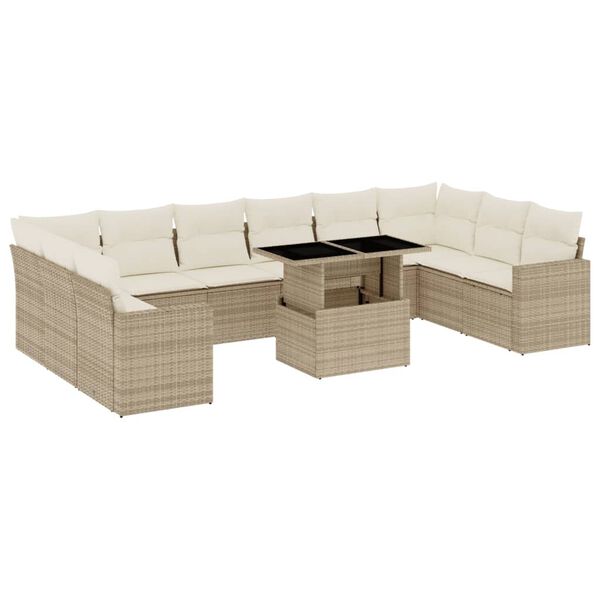 vidaXL 11-delige Tuinset met kussens poly rattan beige
