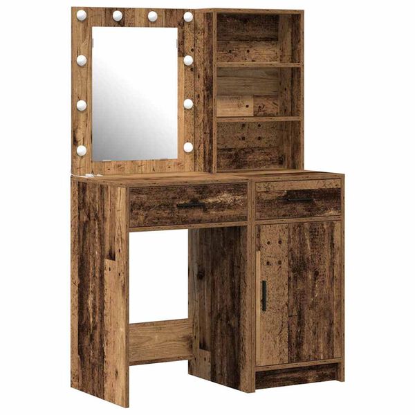 vidaXL Make-up tafel set met LED met lade 2 pcs Oudhout Bewerkt hout