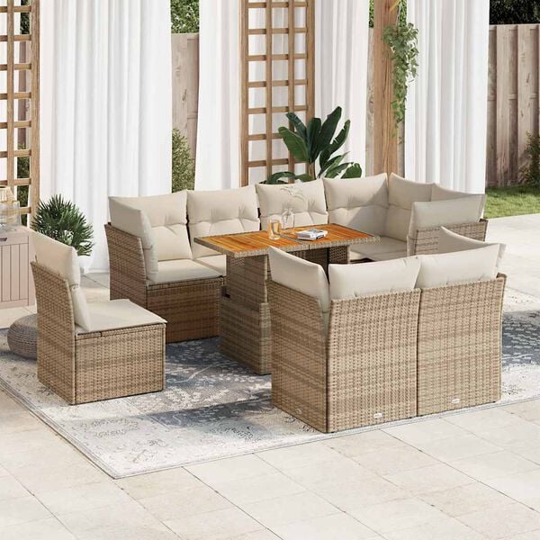 vidaXL 9-delige Loungeset met kussens poly rattan beige