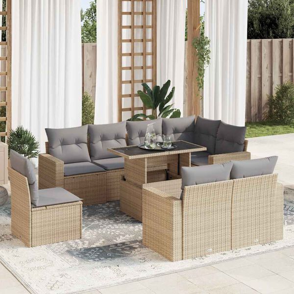 vidaXL 9-delige Loungeset met kussens poly rattan beige