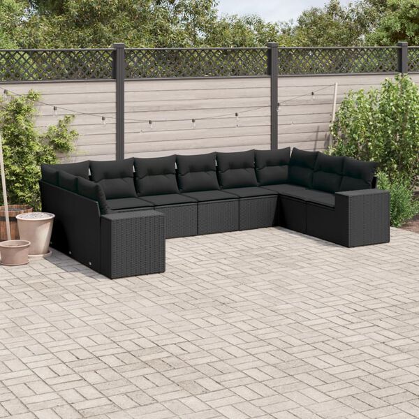 vidaXL 10-delige Loungeset met kussens poly rattan zwart