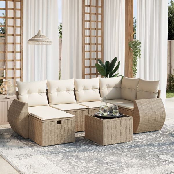 vidaXL 7-delige Loungeset met kussens poly rattan beige