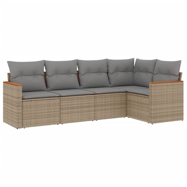 vidaXL 5-delige Loungeset met kussens poly rattan beige