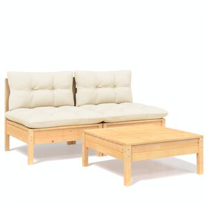 vidaXL 3-delige Loungeset met cr&egrave;mekleurige kussens grenenhout