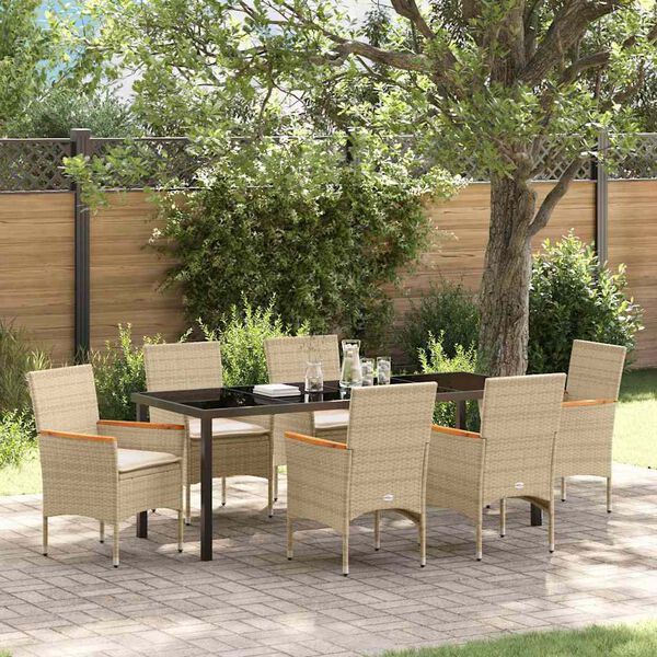 vidaXL Tuin eettafelset met kussen 7 pcs Beige poly rattan