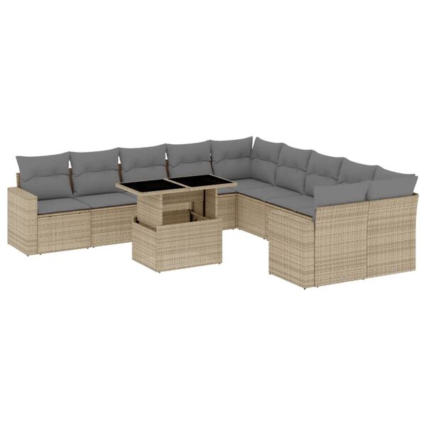 vidaXL 11-delige Tuinset met kussens poly rattan beige