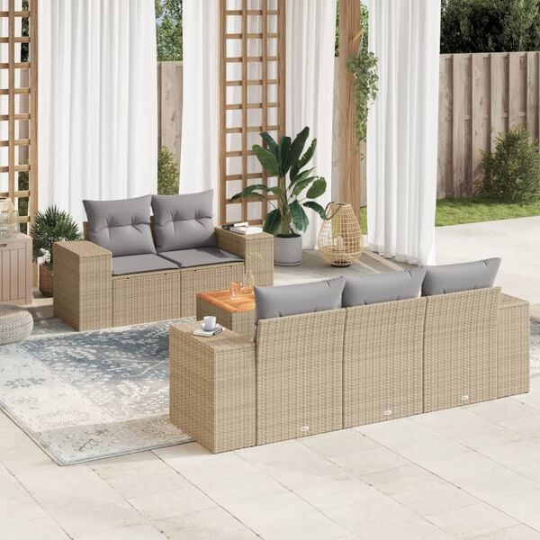 vidaXL 6-delige Loungeset met kussens poly rattan beige