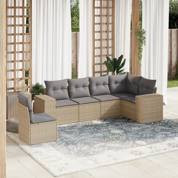 vidaXL 6-delige Loungeset met kussens poly rattan beige