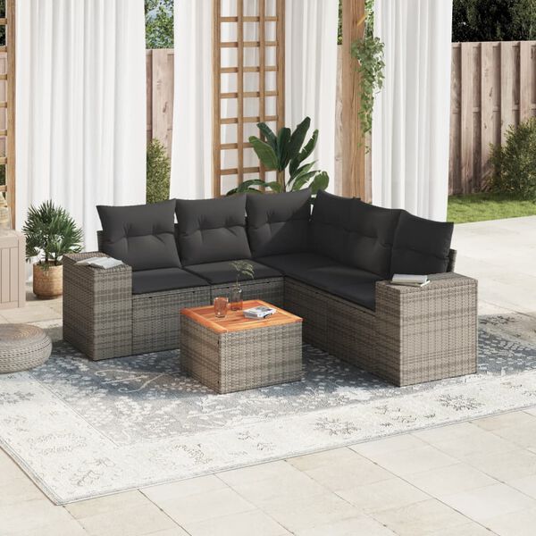 vidaXL 6-delige Loungeset met kussens poly rattan grijs