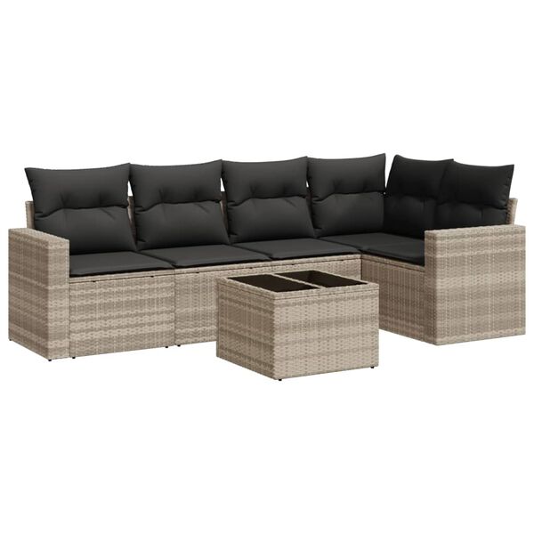 vidaXL 6-delige Loungeset met kussens poly rattan lichtgrijs