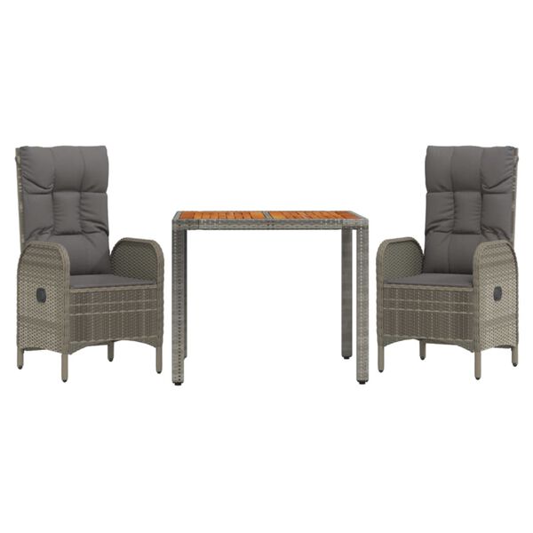 vidaXL 3-delige Tuinset met kussens poly rattan grijs
