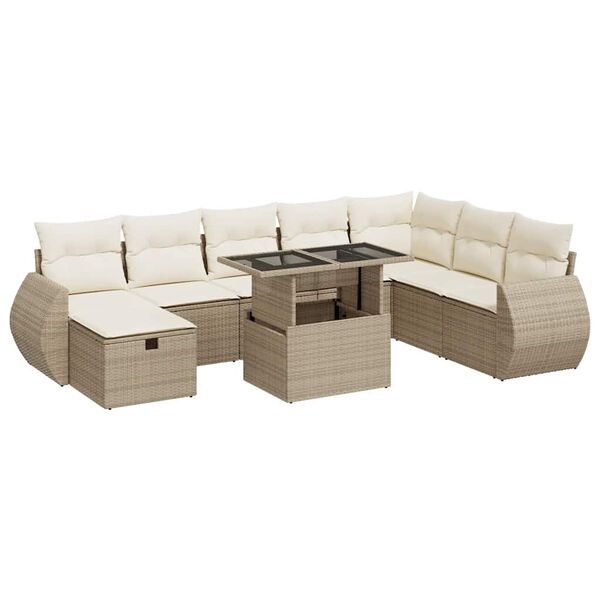 vidaXL 9-delige Loungeset met kussens poly rattan beige